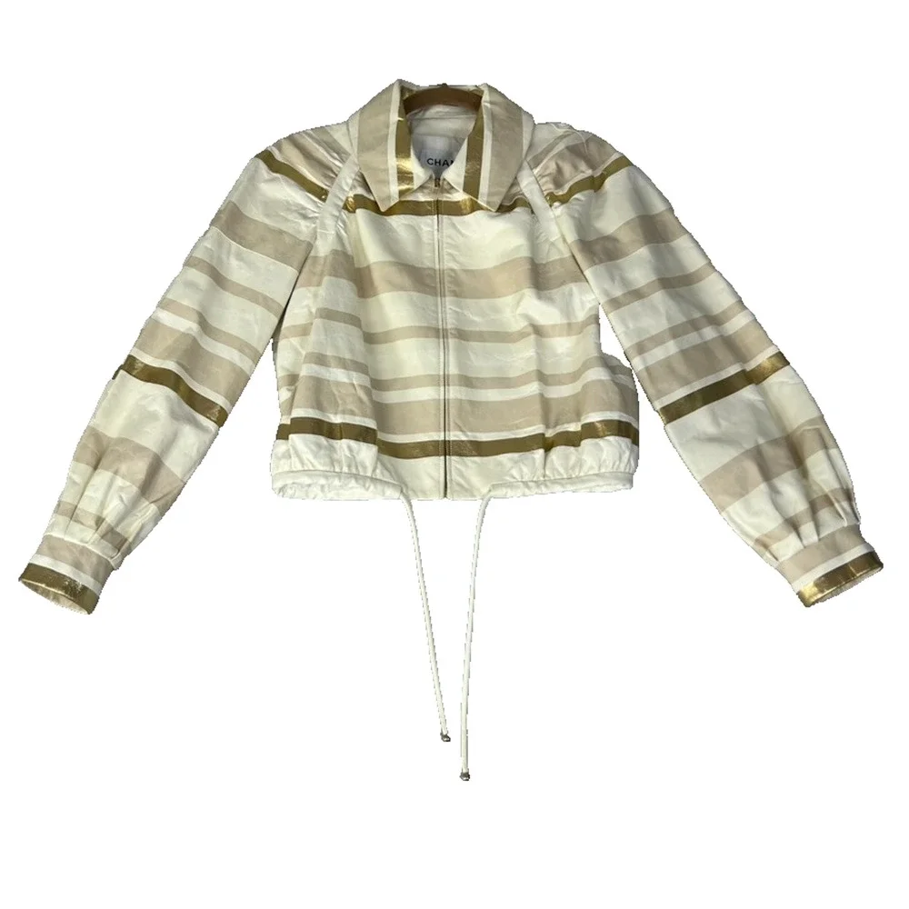 Chanel Lambskin Leather Jacket Women's Size 36 Beige & Gold Stripe Detail Zip